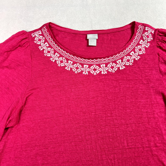 Chicos Tee Womens 3 US XL Pink Linen Knit Top Short Sleeve Pullover Embroidery - Picture 6 of 10
